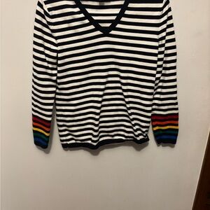Tommy Hilfiger Black and White Striped V-Neck Sweater with Colorful Cuffs